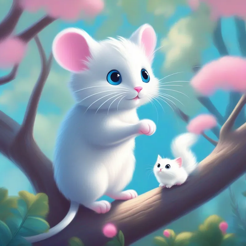 A tiny gray mouse with a twitching pink nose pointing A fluffy white kitten with curious blue eyes towards the tall tree
