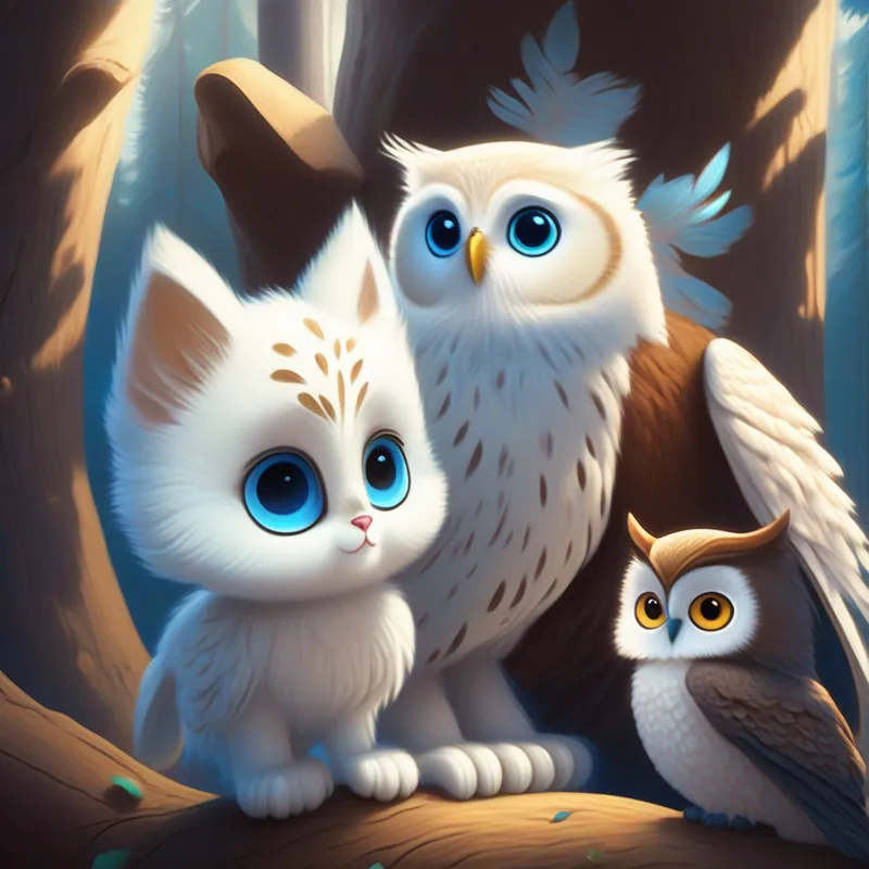A fluffy white kitten with curious blue eyes talking to A wise brown owl with big round eyes, a wise owl with big round eyes