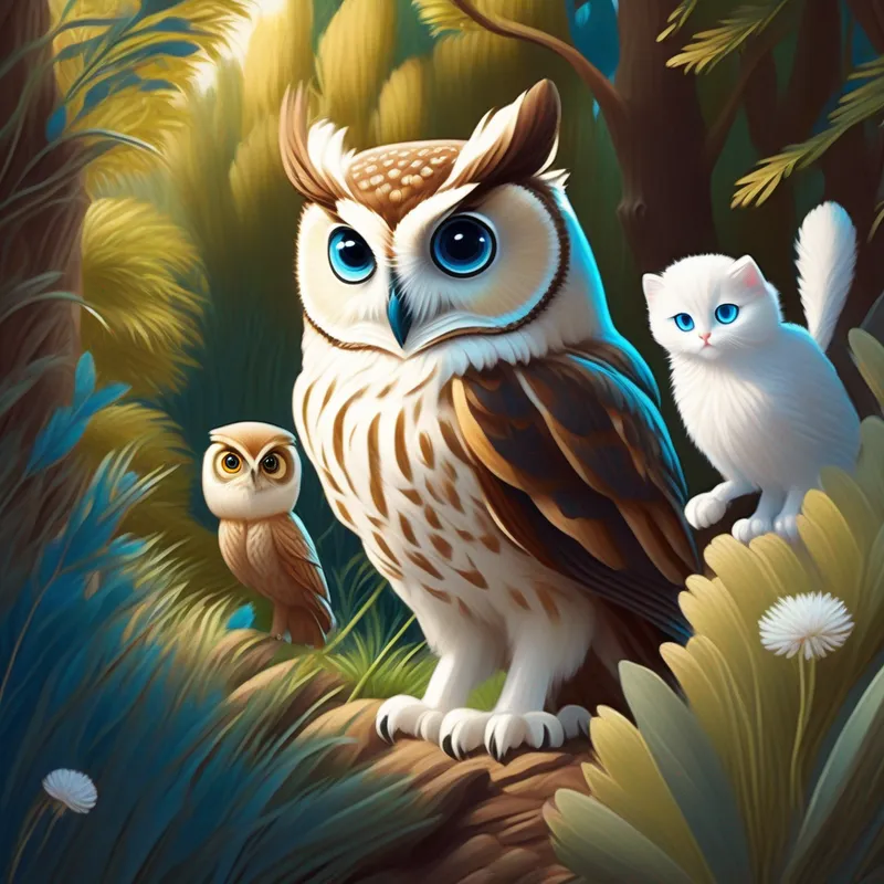 A wise brown owl with big round eyes pointing A fluffy white kitten with curious blue eyes towards the bushes