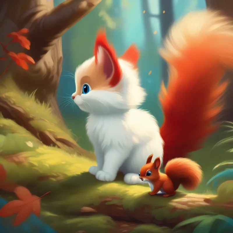 A fluffy white kitten with curious blue eyes talking to A playful red squirrel with a bushy tail, a playful squirrel with a bushy tail
