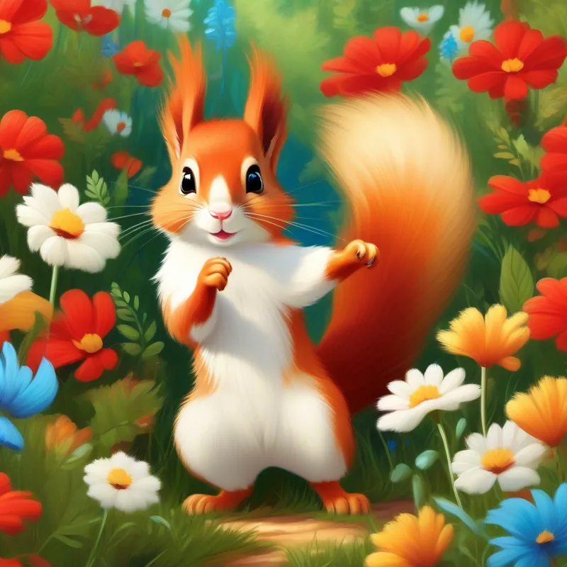 A playful red squirrel with a bushy tail pointing A fluffy white kitten with curious blue eyes towards the wildflowers