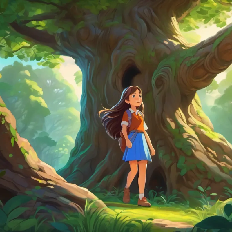 Curious girl, long hair, big smile talks to Ancient tree, wide trunk, leafy branches, learns about the stone's magic
