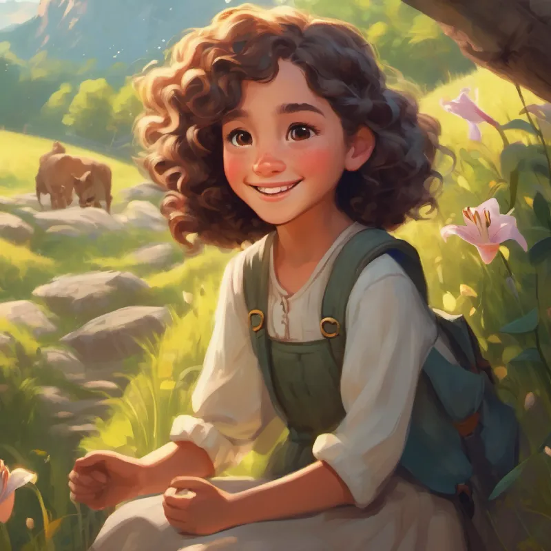 Curious girl, long hair, big smile and Lily's best friend, short curly hair, freckles experience the stone's magic, see children from the past