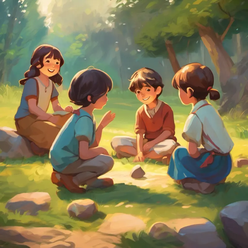 Children gather, touch the stone, and hear past laughter and games