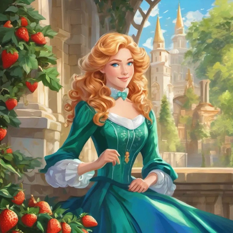 Strawberry blonde hair, blue eyes, optimistic, wears a green dress congratulates Platinum blonde hair, blue eyes, queenly poise, always in elegant attire on her success in restoring the kingdom's magic.