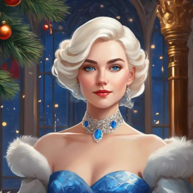 Platinum blonde hair, blue eyes, queenly poise, always in elegant attire looks at her kingdom, feeling a sense of unease.