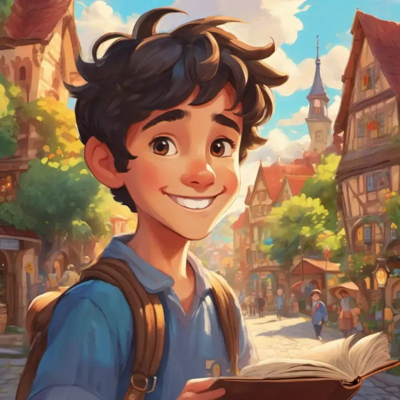 The text appears on a page with colorful illustrations of the town of Kindsville. A friendly young boy with a bright smile and kind heart, with his bright smile and friendly demeanor, can be seen interacting with various townspeople.