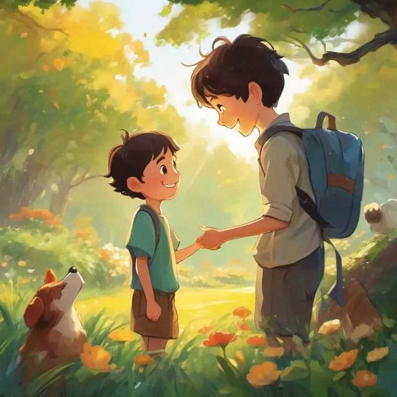 The text appears on a page with A friendly young boy with a bright smile and kind heart interacting with different characters. The characters are shown expressing happiness and gratitude when A friendly young boy with a bright smile and kind heart uses 'please' and 'thank you.'