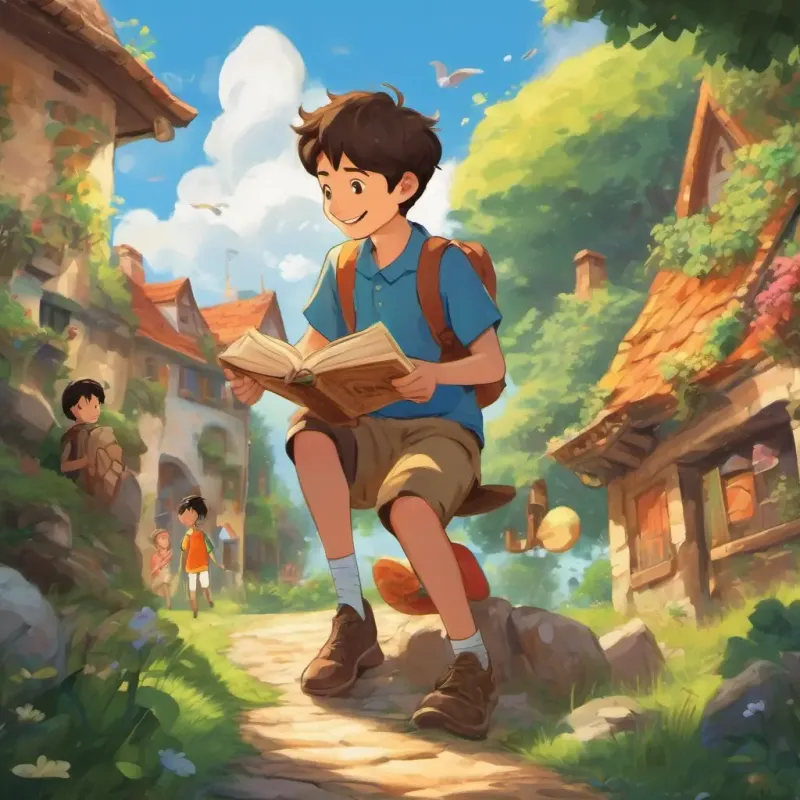 The text appears on a page with A friendly young boy with a bright smile and kind heart playing and laughing with his friends. The illustrations show the characters engaging in acts of kindness, such as listening, helping, and sharing.