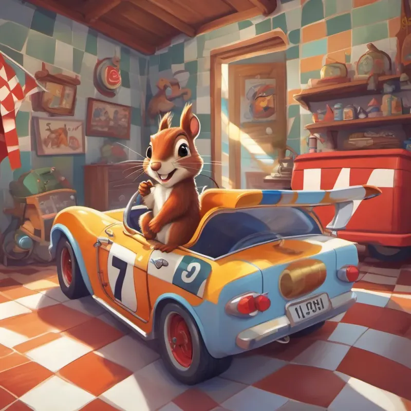 An excited squirrel waking up in a race car-themed bedroom with checkered flags and race car posters.