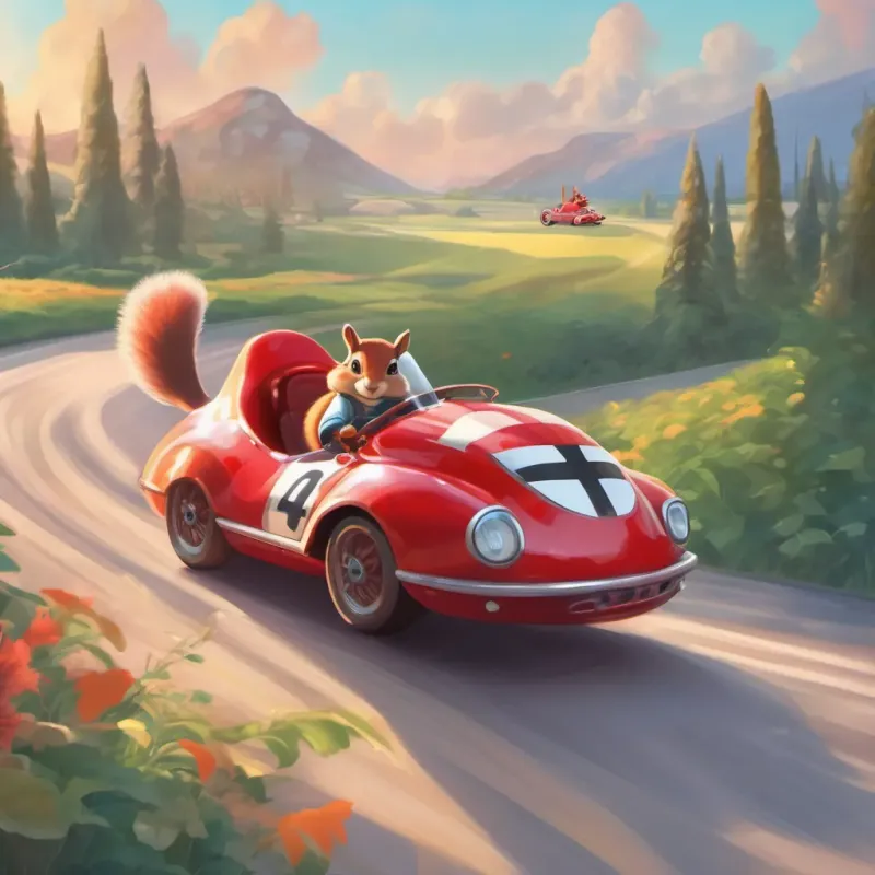 A shiny red race car with a squirrel behind the wheel, racing through a dreamy landscape with imaginary checkered flags.