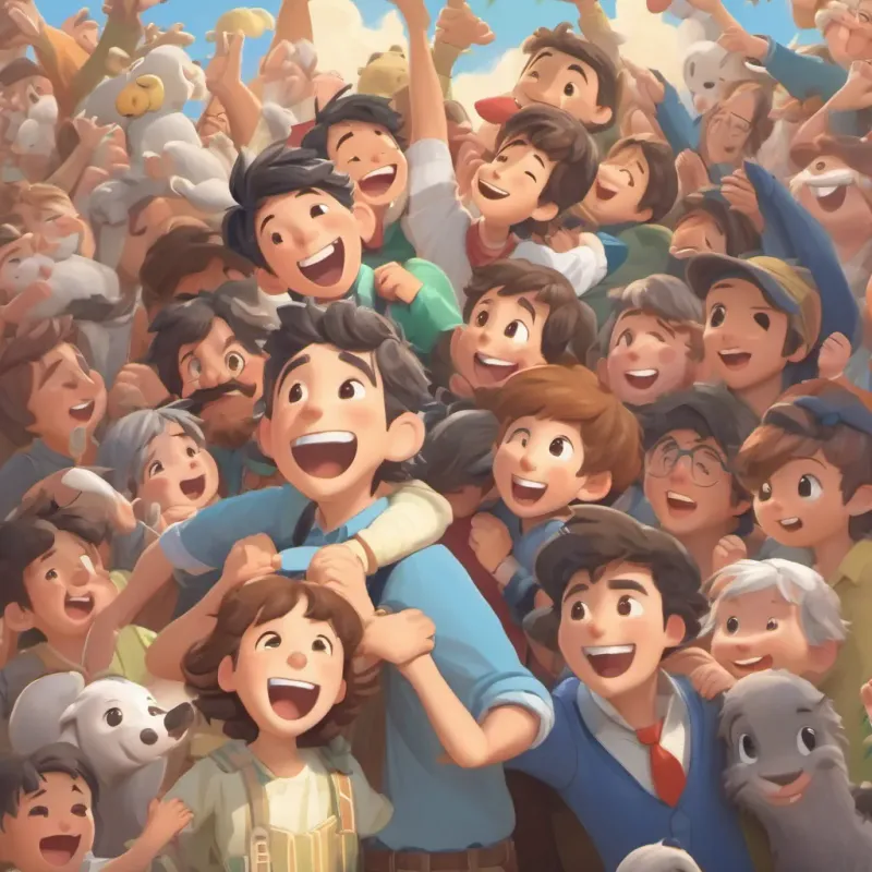 Shaun’s friends crowding around him, lifting him up and celebrating his win with joy and laughter.