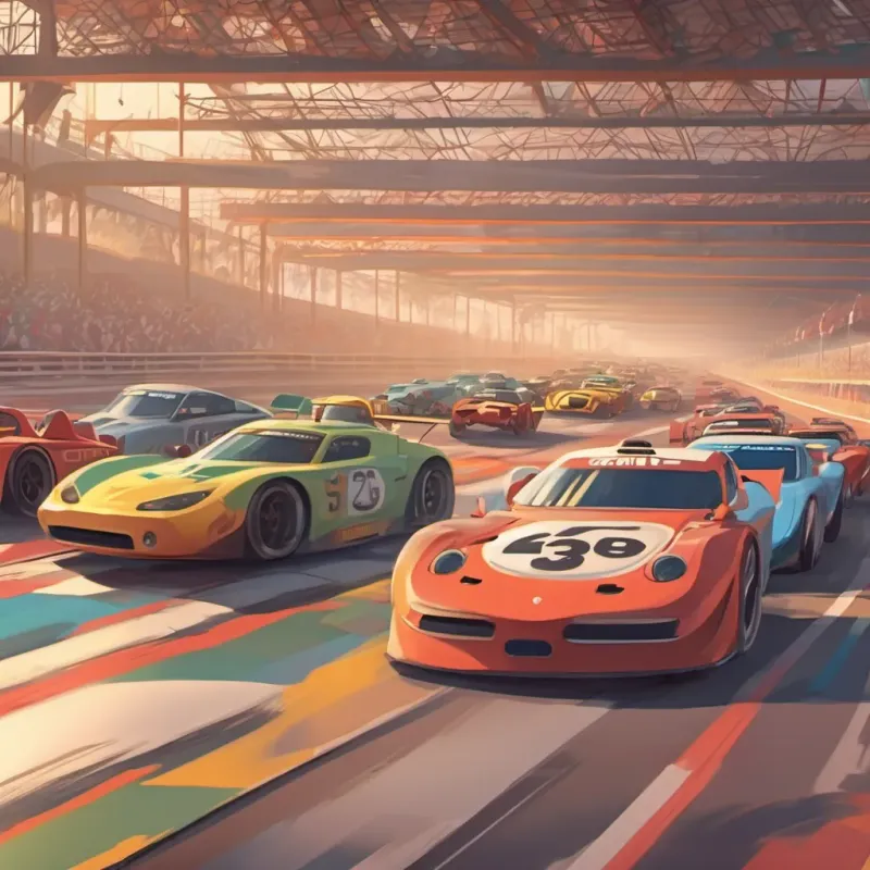 A race track scene with multiple race cars lined up and ready to go, engines roaring.