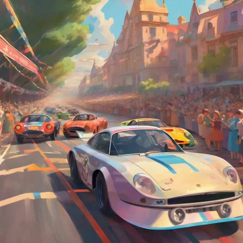 The race cars speeding off at the start line, with Shaun’s car leading and trails of color following.