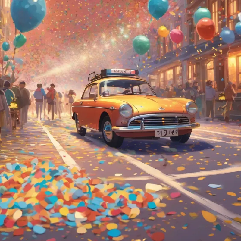 Shaun's car crossing the finish line with a big burst of confetti and fireworks.