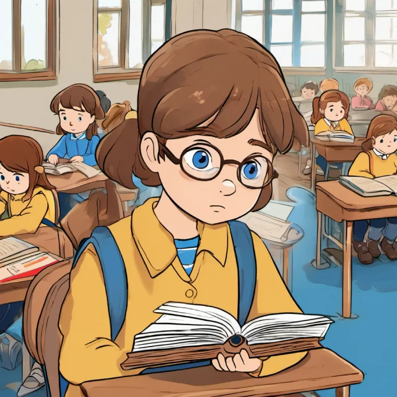 brown hair, blue eyes, always carrying a book facing bullies, feels sad, classroom setting.