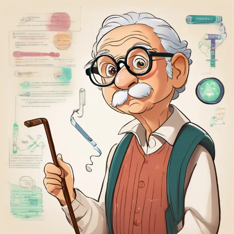 Wise old enzyme, friendly eyes, wears spectacles, holds a cane discusses inhibitors and activators.