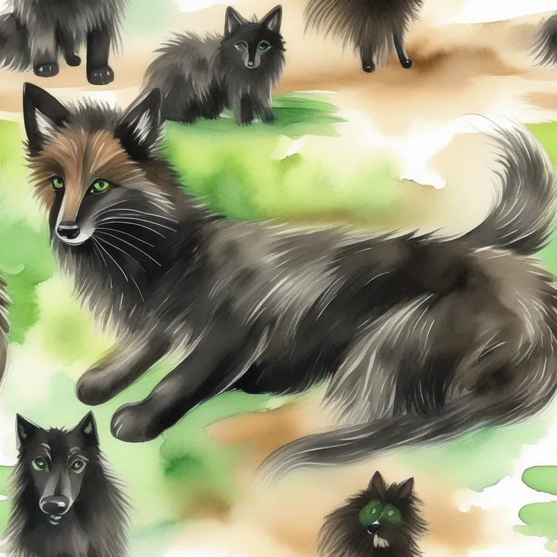 Soft black fur, bright green eyes, playful and agile and Fluffy brown fur, wagging tail, loyal and friendly playing in a cozy house, black and brown fur