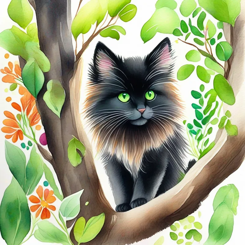 Soft black fur, bright green eyes, playful and agile and Fluffy brown fur, wagging tail, loyal and friendly exploring a colorful garden, climbing trees