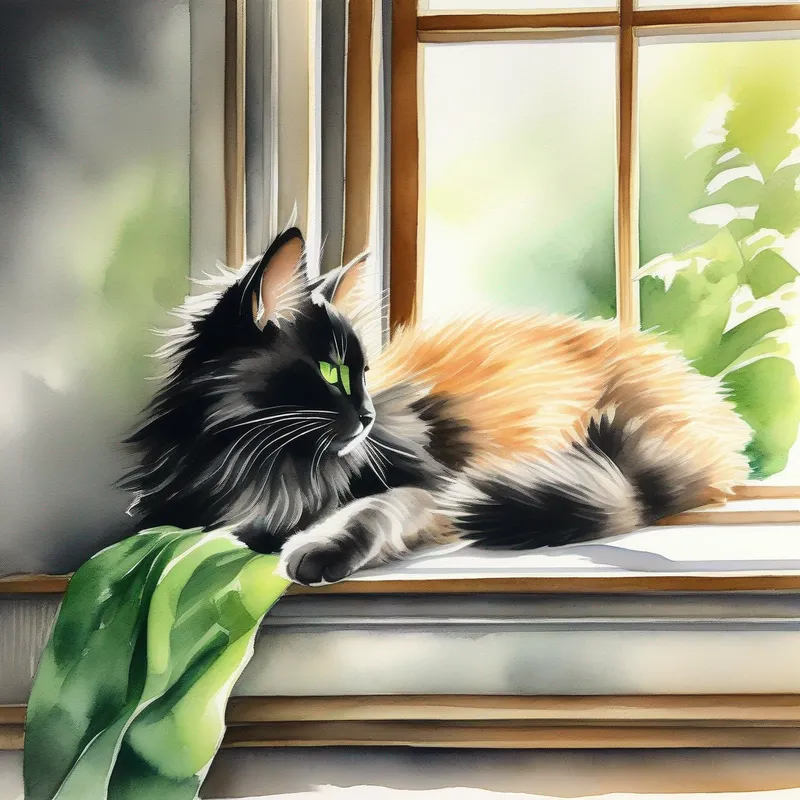 Soft black fur, bright green eyes, playful and agile and Fluffy brown fur, wagging tail, loyal and friendly napping by a sunny windowsill, purring and wagging