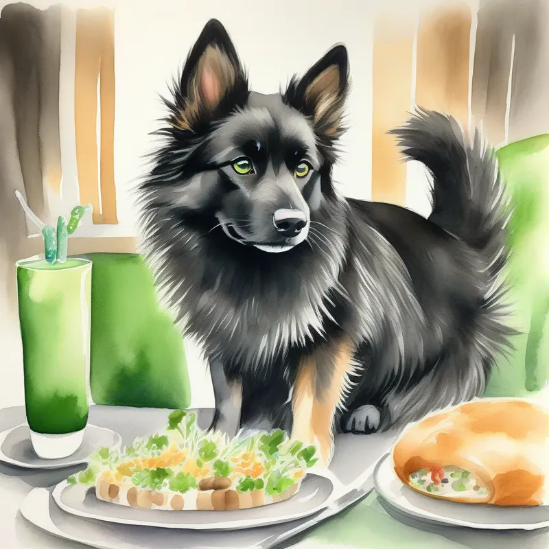 Soft black fur, bright green eyes, playful and agile and Fluffy brown fur, wagging tail, loyal and friendly sitting with humans at dinner, cuddling on the couch