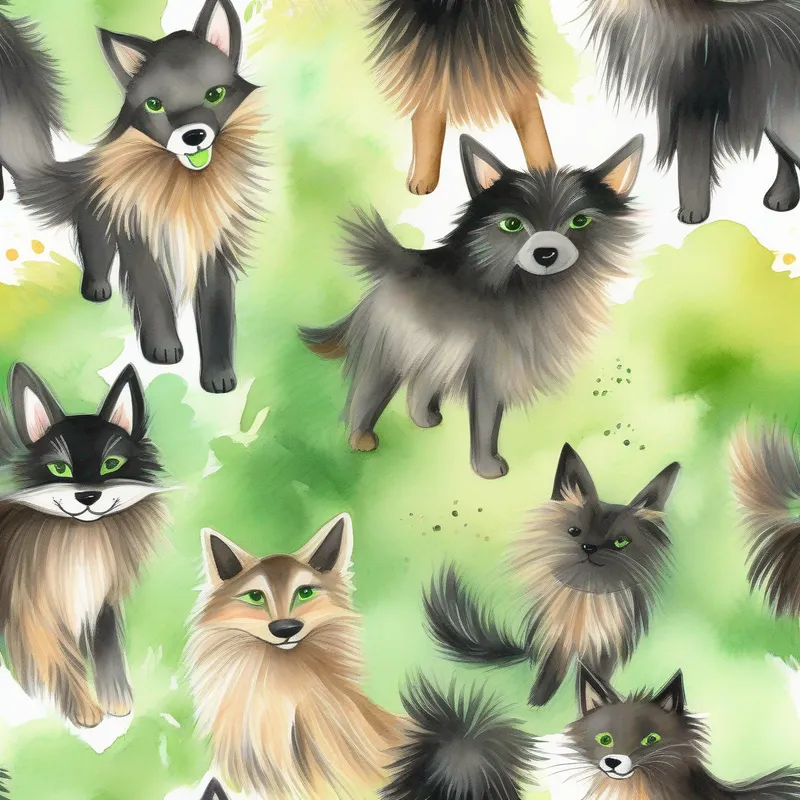 Soft black fur, bright green eyes, playful and agile and Fluffy brown fur, wagging tail, loyal and friendly sharing love and friendship in a joyful world