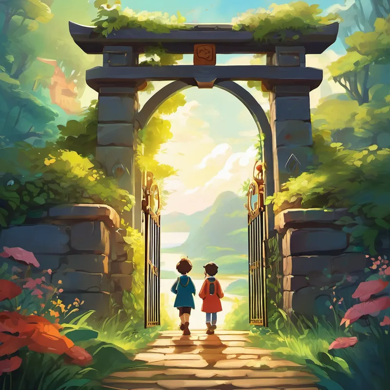 But the journey wouldn't be easy. They soon encountered a series of magical gates, blocking their path to the treasure that awaited them. Each gate presented a unique challenge that they had to overcome. Some gates had intricate puzzles that tested their problem-solving skills. With their heads together, they solved each puzzle step by step, learning that asking for help was sometimes the key to success. Other gates required them to demonstrate acts of kindness. They helped injured animals, shared food with hungry creatures, and even sang songs to uplift the spirits of sad creatures they met along the way. Through these acts of kindness, they learned that even small acts of goodness can bring great joy to others.