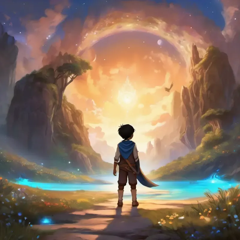 The story starts by introducing the main character A young boy with straight black hair, slim body, and eyes of different colors; one brown and one blue, describing his physical appearance and his unique eyes. A young boy with straight black hair, slim body, and eyes of different colors; one brown and one blue is depicted as a curious and adventurous boy.