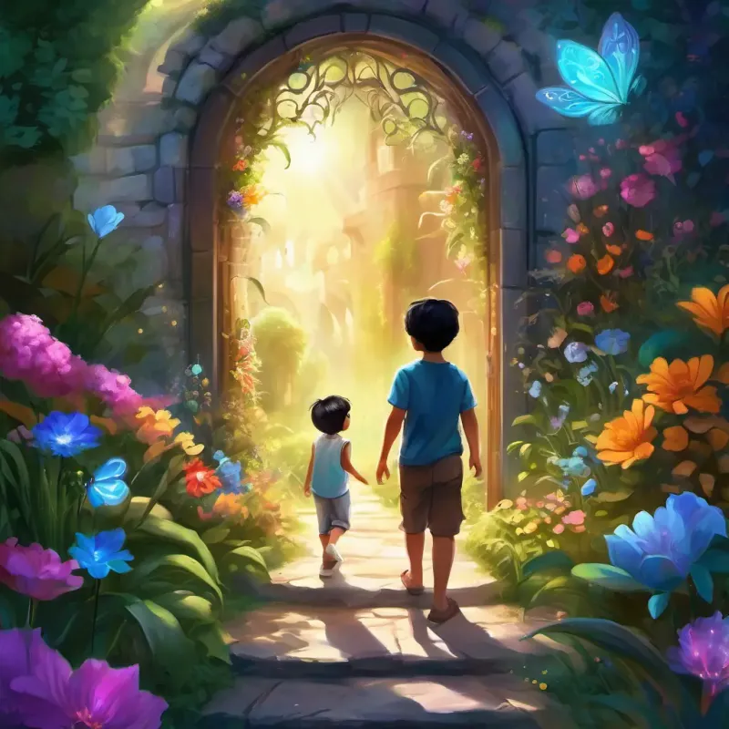 A young boy with straight black hair, slim body, and eyes of different colors; one brown and one blue discovers a magical garden behind a secret door in his backyard. The garden is described as having colorful flowers, sparkling fountains, and talking animals.
