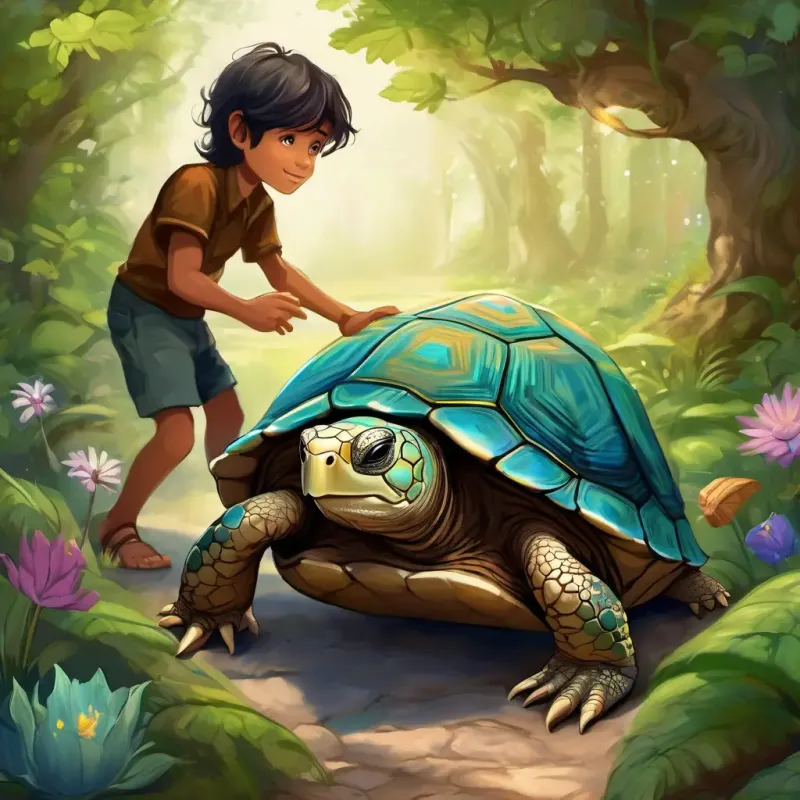 A young boy with straight black hair, slim body, and eyes of different colors; one brown and one blue meets a wise old turtle named A wise old turtle with a wrinkled brown shell and kind eyes in the magical garden. A wise old turtle with a wrinkled brown shell and kind eyes is described as having a wrinkled brown shell and kind eyes.