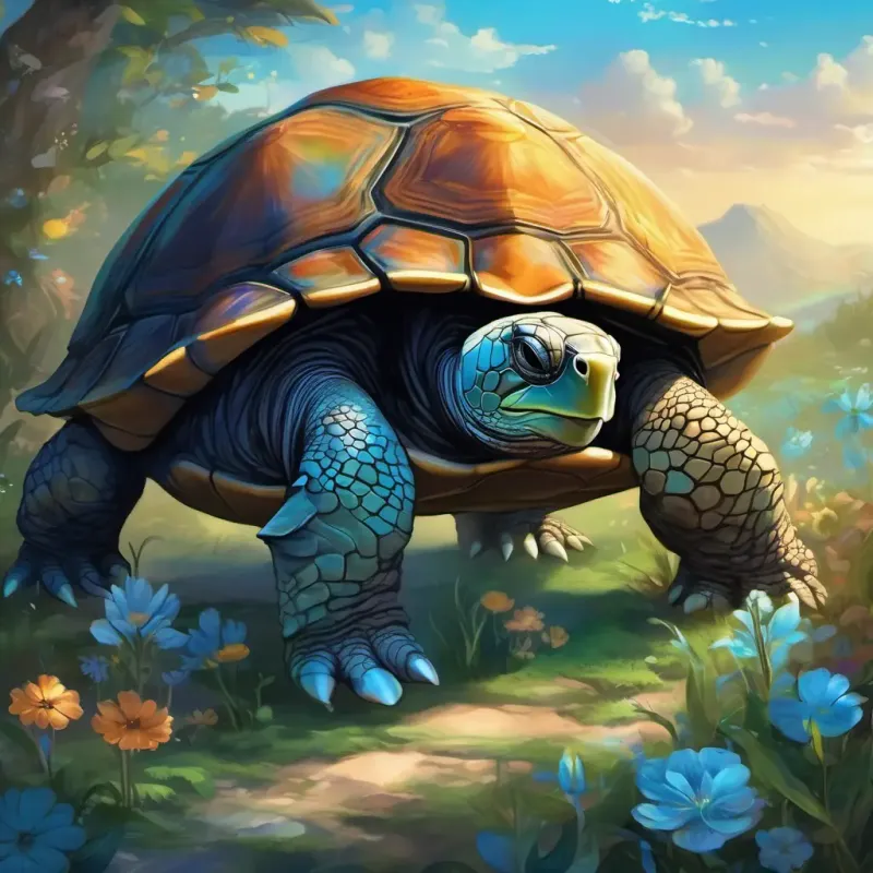 A wise old turtle with a wrinkled brown shell and kind eyes informs A young boy with straight black hair, slim body, and eyes of different colors; one brown and one blue about the magic of the garden and A young boy with straight black hair, slim body, and eyes of different colors; one brown and one blue's desire to have eyes of the same color. A young boy with straight black hair, slim body, and eyes of different colors; one brown and one blue closes his eyes to make a wish.