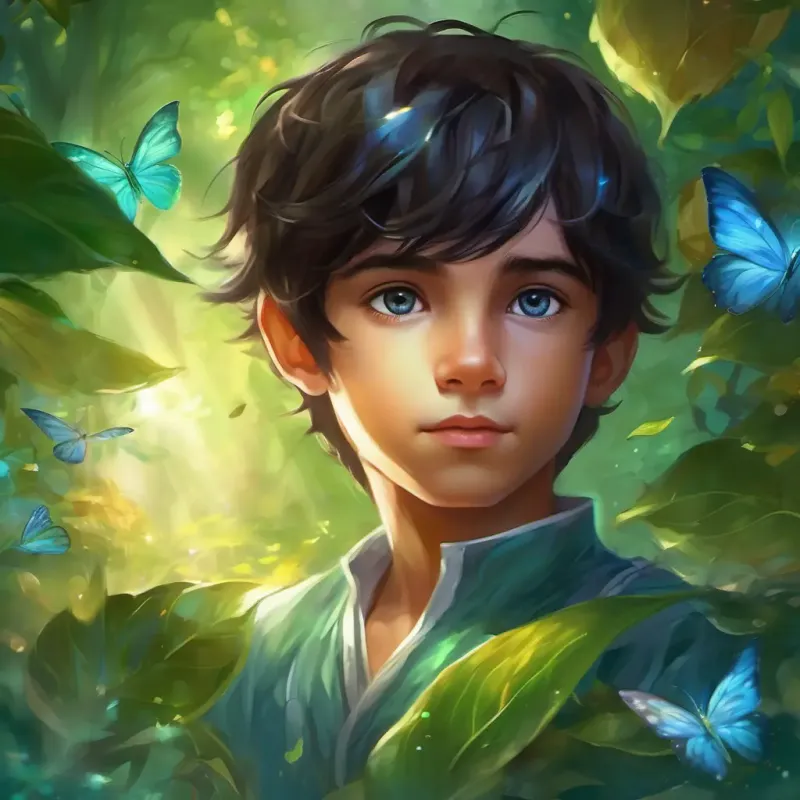 A young boy with straight black hair, slim body, and eyes of different colors; one brown and one blue's wish comes true, and his eyes transform to the color of sparkling green like the leaves in the magical garden.