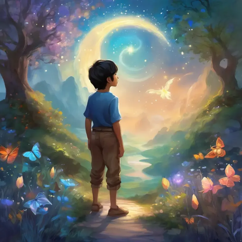 A young boy with straight black hair, slim body, and eyes of different colors; one brown and one blue realizes he is special and continues to explore the magical garden, making new friends and having adventures. The importance of dreams and the magic within oneself is emphasized.