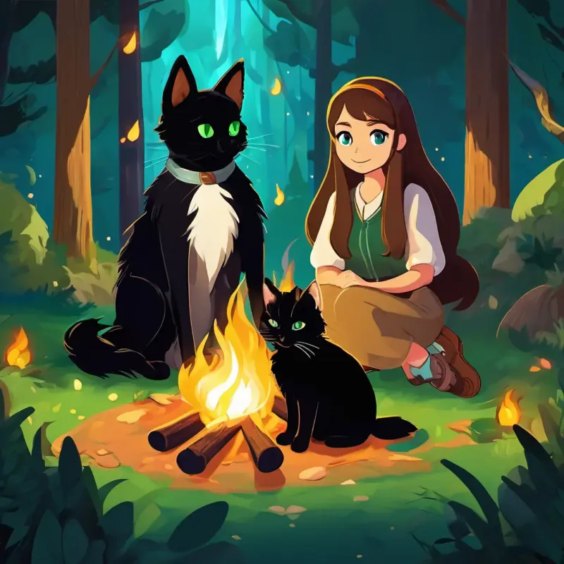 Lily has long brown hair and sparkly blue eyes, Danny is a fluffy brown dog with a wagging tail, and Molly is a sleek black cat with bright green eyes sitting around a campfire in a dark and creepy forest
