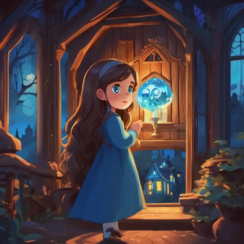 Lily has long brown hair and sparkly blue eyes telling a spooky story about a haunted house with a ghost and glowing eyes