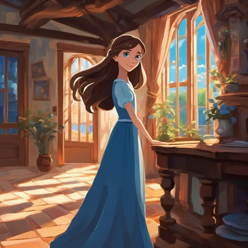 Lily has long brown hair and sparkly blue eyes telling the story of a brave girl in a haunted house with dancing shadows