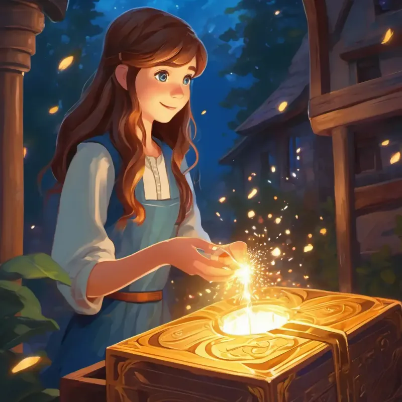 Lily has long brown hair and sparkly blue eyes telling the story of the brave girl opening a mysterious box with a burst of light and a loud BOOM