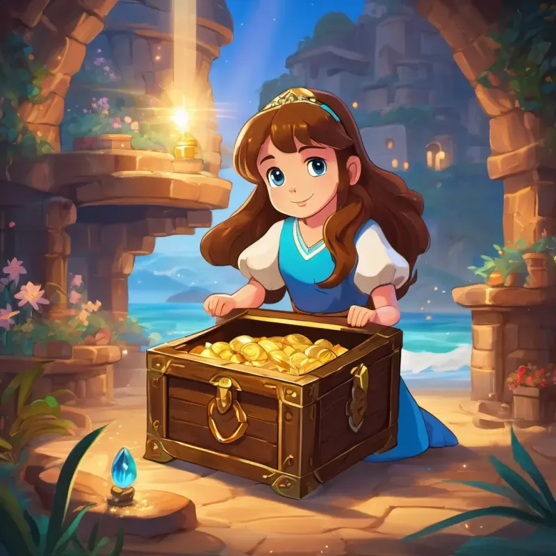Lily has long brown hair and sparkly blue eyes asking her friends what happened next as the burst of light reveals a treasure chest and a friendly genie
