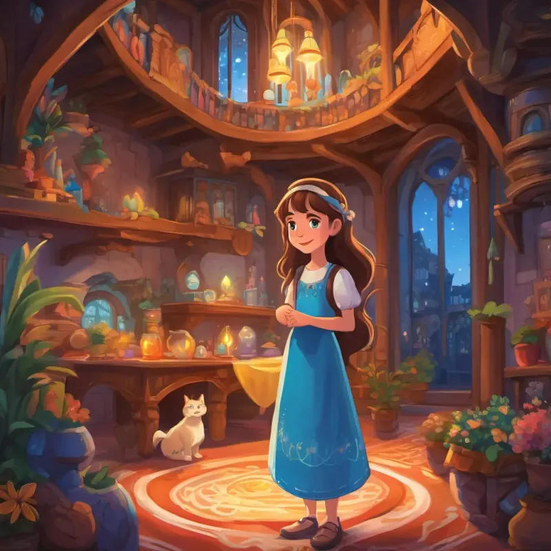 Lily has long brown hair and sparkly blue eyes finishing her story about the brave girl, her friends, and the magical genie in the now joyful haunted house