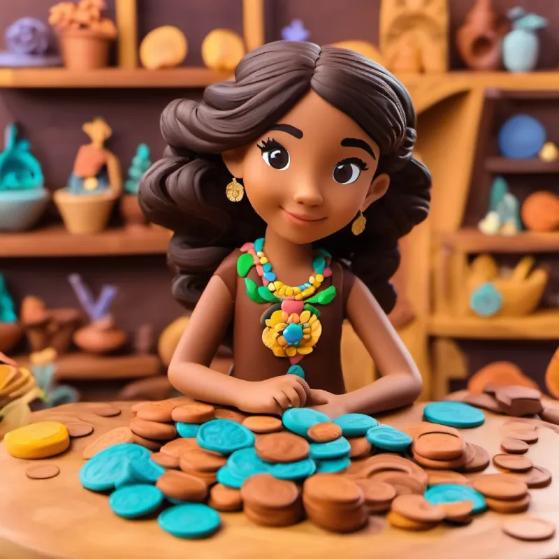 Younger sister, tan skin, dark brown eyes, imaginative and lively discovers the coins are enchanted with lively designs.