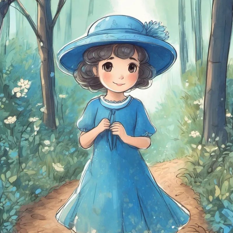 Pequena com cabelos castanhos e vestido azul sorrindo enquanto caminha pela floresta