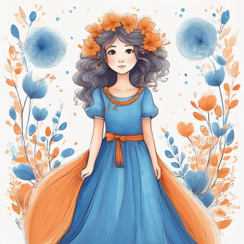 Pequena com cabelos castanhos e vestido azul e o Travesso com pelos cor de laranja e uma noz brincando e seguindo o caminho