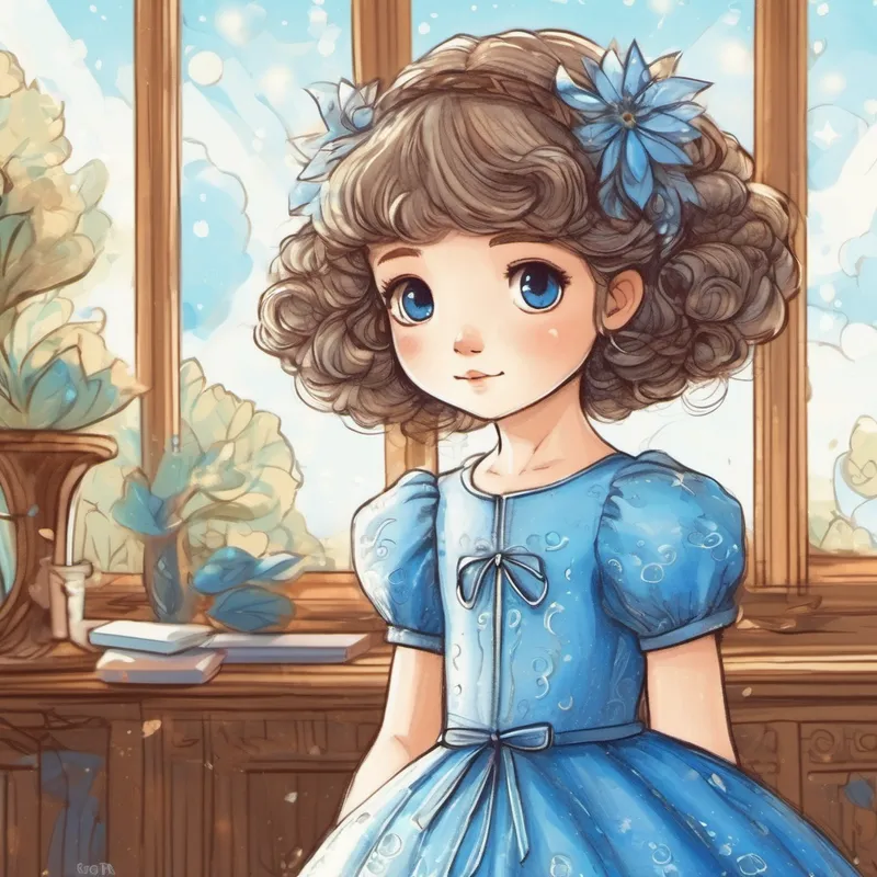 Pequena com cabelos castanhos e vestido azul segurando um baú com brilhantes tesouros dentro