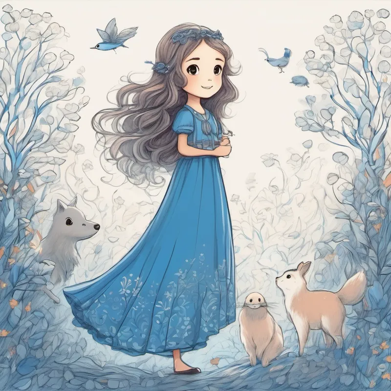 Pequena com cabelos castanhos e vestido azul sorrindo rodeada por animais amigos
