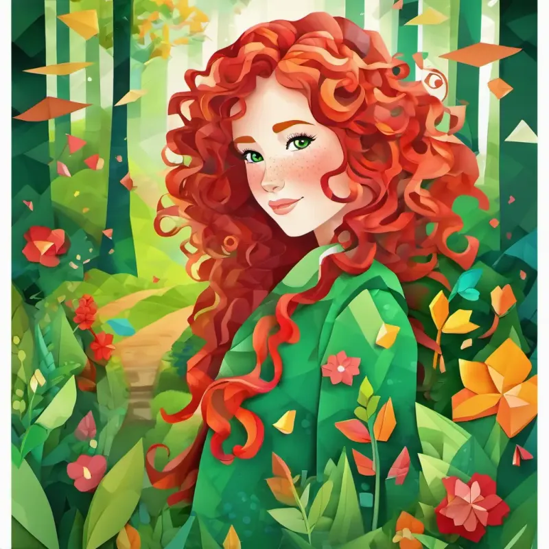Curly red hair, freckles, green eyes, rosy cheeks, happy, with curly red hair and freckles, walking in a colorful forest.