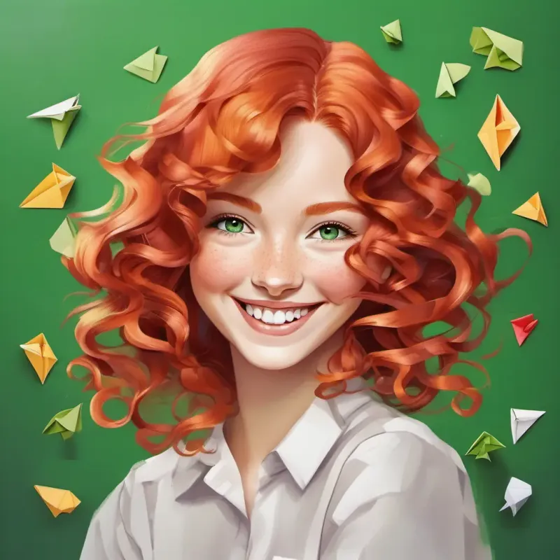 Curly red hair, freckles, green eyes, rosy cheeks, happy approaching a bouncy, wobbly function with a big smile.