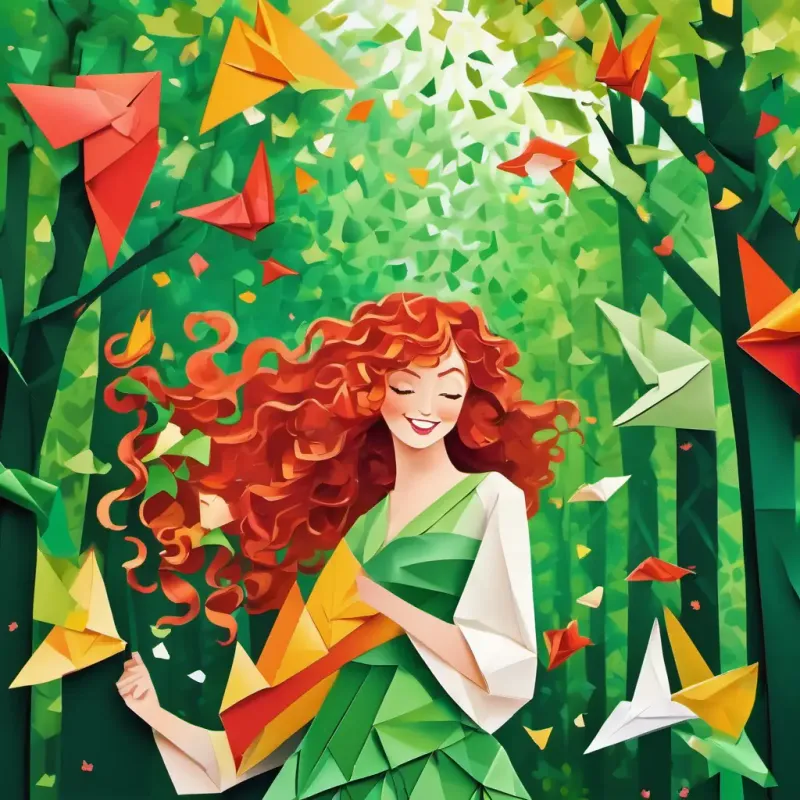 Curly red hair, freckles, green eyes, rosy cheeks, happy and the function dancing and laughing together amidst the vibrant trees.