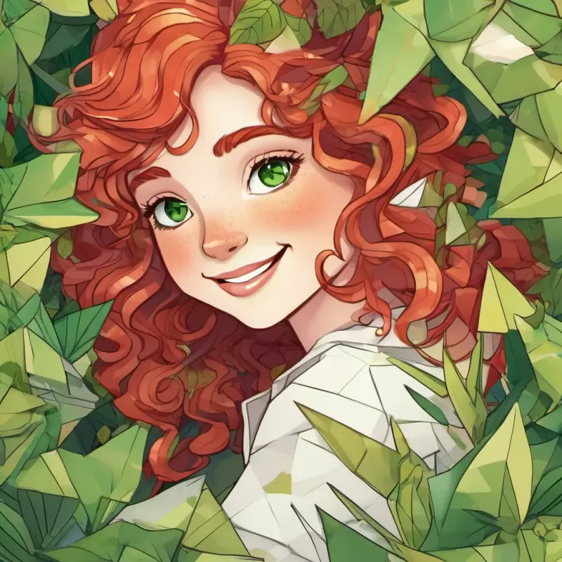 Curly red hair, freckles, green eyes, rosy cheeks, happy and the function peeking out from behind a bush at the tangent, who is tapping on everything around with a playful grin.