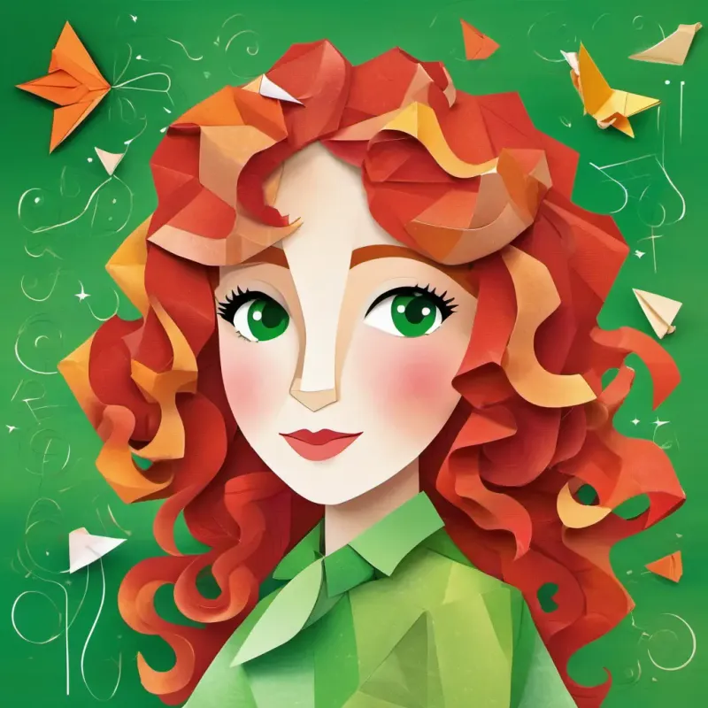 Curly red hair, freckles, green eyes, rosy cheeks, happy and the function learning to tap and trot with the tangent, creating joyful music.