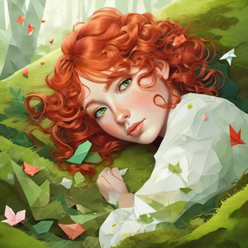 Curly red hair, freckles, green eyes, rosy cheeks, happy, the function, and the tangent lying on a peaceful mossy spot, looking serene and content.